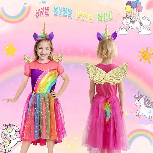 Unicorn Dress for Girls,7-12 Years Rainbow Unicorn Costume with Headband and Wings for Halloween Birthday Party in Kuwait