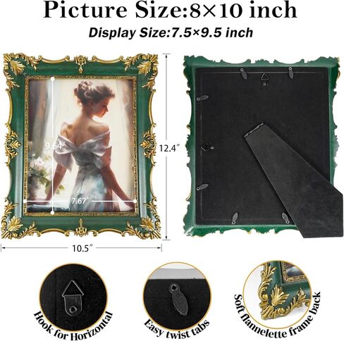 8x10 Picture Frame Vintage Green Frames, Ornate Textured Hand-Crafted Resin with Glass Front, Green Photo Frames for Tabletop Display, Retro Design Home Decor in Saudi Arabia