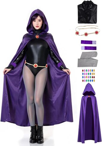 Raven Cosplay Costume Deluxe Jumpsuit Cloak Belt Suit Women's Halloween Cosplay Costume Purple in Saudi Arabia