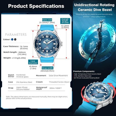 Solar-Powered Men’s Watch – 300M Water Resistant Stainless Steel Sport Watch, 316L Steel Band, Quartz Analog Watch for Diving & Daily Use in Saudi Arabia
