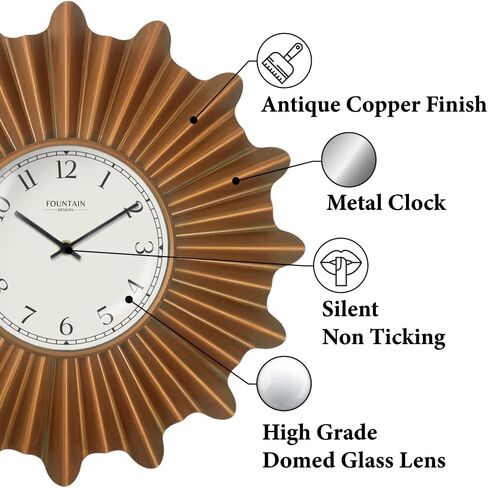 18 Inch Mid Century Modern Starburst Wall Clock,Silent Non Ticking Metal Wall Clock Decorative for Living Room Decor,Antique Copper in Saudi Arabia