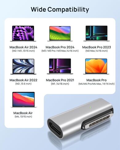 محول Lanhiem 140 وات PD للشحن السريع USB C إلى محول مغناطيسي 3، محول من النوع C إلى Mags 3 مع ضوء مؤشر LED لجهاز MacBook Pro 2024/2023/2021 (M1/M2/M3، 14/16 بوصة)، MacBook Air (M2/M3) )، فضة in Kuwait