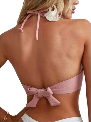 SweatyRocks Women's Ring Linked Halter Bikini Top Push Up Swimsuit Bathing Suit Tops in Saudi Arabia