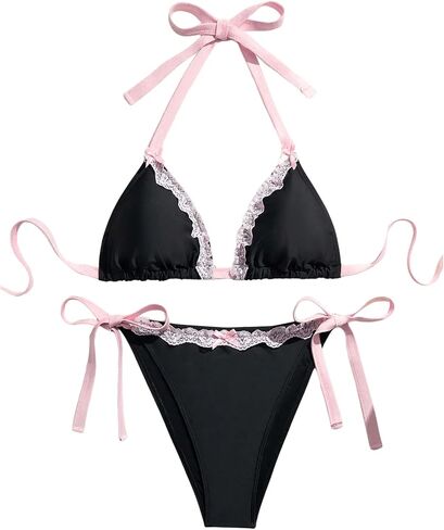 WDIRARA Women's Plus Size Lace Trim Halter Bikini Set Triangle String Swimsuit 2 Piece Bathing Suit in Saudi Arabia