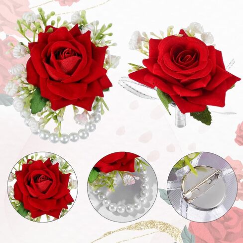 2 قطعة مجموعة الصدار الوردة الحمراء لؤلؤة اليد زهرة المعصم الصدار لحفل الزفاف حفلة العودة للوطن حفل الذكرى السنوية حفلة موسيقية زهرة الصدار الزفاف وصيفه الشرف النساء in Kuwait