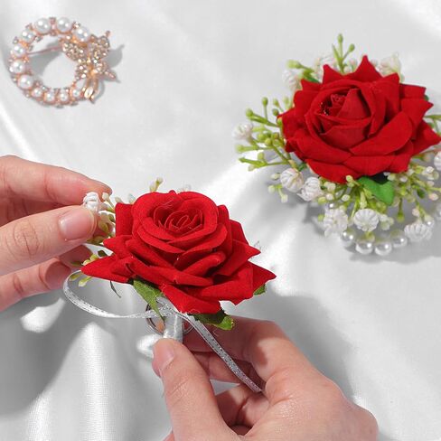 2 قطعة مجموعة الصدار الوردة الحمراء لؤلؤة اليد زهرة المعصم الصدار لحفل الزفاف حفلة العودة للوطن حفل الذكرى السنوية حفلة موسيقية زهرة الصدار الزفاف وصيفه الشرف النساء in Kuwait