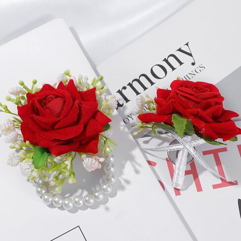 2 قطعة مجموعة الصدار الوردة الحمراء لؤلؤة اليد زهرة المعصم الصدار لحفل الزفاف حفلة العودة للوطن حفل الذكرى السنوية حفلة موسيقية زهرة الصدار الزفاف وصيفه الشرف النساء in Kuwait