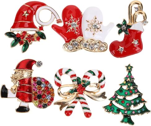 6Pcs Rhinestone Christmas Brooch Pins Set Elegant Holiday Jewelry for Women for Coats Sweaters Dresses Accessories Stylish Christmas Lapel Pins in Saudi Arabia