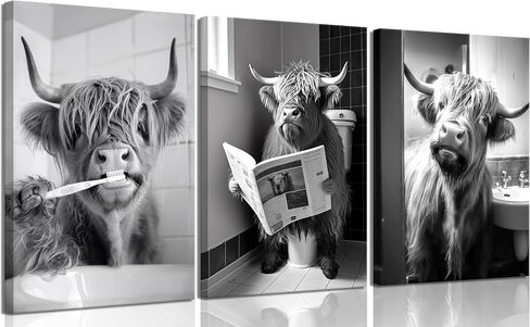 3pcs Funny Highland Cow Bathroom Canvas Wall Art Black and White Cute Cow Animal Painting Picture Wall Decor Rustic Farmhouse Cow in Toilet Poster Print Artwork for Bathroom Restroom Home Decoration in Saudi Arabia