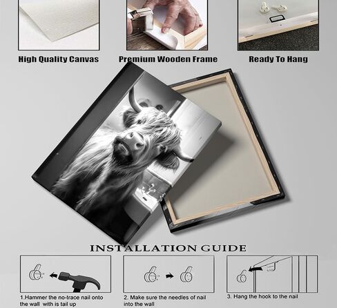 3pcs Funny Highland Cow Bathroom Canvas Wall Art Black and White Cute Cow Animal Painting Picture Wall Decor Rustic Farmhouse Cow in Toilet Poster Print Artwork for Bathroom Restroom Home Decoration in Saudi Arabia