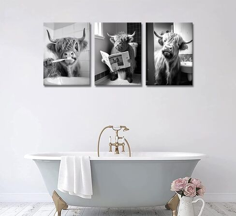 3pcs Funny Highland Cow Bathroom Canvas Wall Art Black and White Cute Cow Animal Painting Picture Wall Decor Rustic Farmhouse Cow in Toilet Poster Print Artwork for Bathroom Restroom Home Decoration in Saudi Arabia