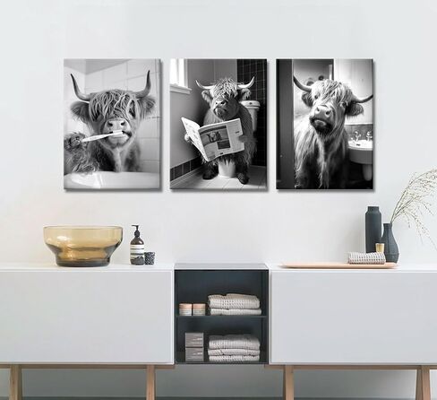 3pcs Funny Highland Cow Bathroom Canvas Wall Art Black and White Cute Cow Animal Painting Picture Wall Decor Rustic Farmhouse Cow in Toilet Poster Print Artwork for Bathroom Restroom Home Decoration in Saudi Arabia