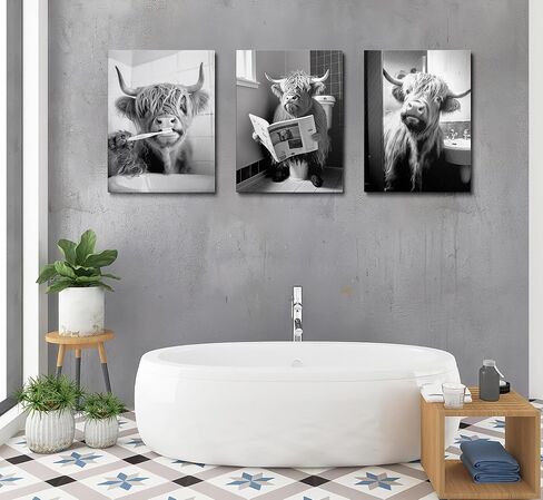 3pcs Funny Highland Cow Bathroom Canvas Wall Art Black and White Cute Cow Animal Painting Picture Wall Decor Rustic Farmhouse Cow in Toilet Poster Print Artwork for Bathroom Restroom Home Decoration in Saudi Arabia
