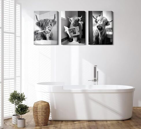 3pcs Funny Highland Cow Bathroom Canvas Wall Art Black and White Cute Cow Animal Painting Picture Wall Decor Rustic Farmhouse Cow in Toilet Poster Print Artwork for Bathroom Restroom Home Decoration in Saudi Arabia