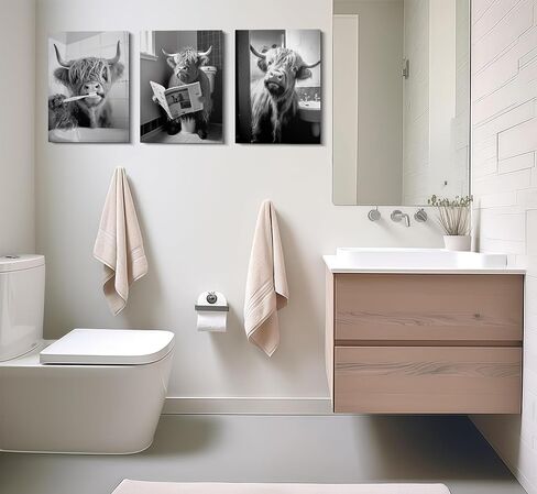 3pcs Funny Highland Cow Bathroom Canvas Wall Art Black and White Cute Cow Animal Painting Picture Wall Decor Rustic Farmhouse Cow in Toilet Poster Print Artwork for Bathroom Restroom Home Decoration in Saudi Arabia