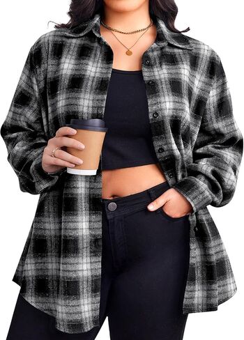 Zeagoo Womens Plus Size Flannel Shirts Plaid Shirts Long Sleeves Casual Button Down Collared Shacket Tops in Saudi Arabia