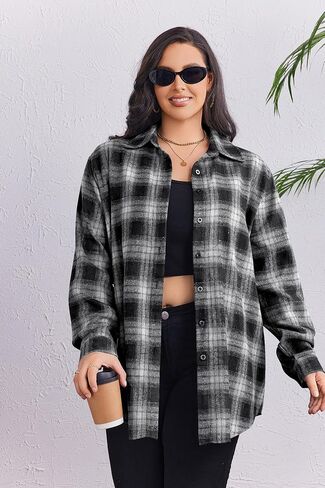 Zeagoo Womens Plus Size Flannel Shirts Plaid Shirts Long Sleeves Casual Button Down Collared Shacket Tops in Saudi Arabia