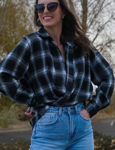 Zeagoo Womens Plus Size Flannel Shirts Plaid Shirts Long Sleeves Casual Button Down Collared Shacket Tops in Saudi Arabia