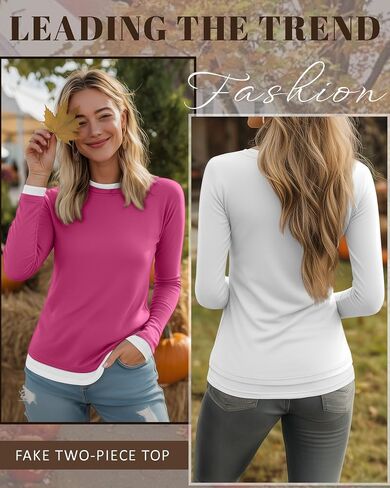 3 قطع من القمصان النسائية ذات الأكمام الطويلة ورقبة دائرية مزيفة من قطعتين، قمصان علوية كاجوال ضيقة وطبقات أساسية ضيقة in Kuwait