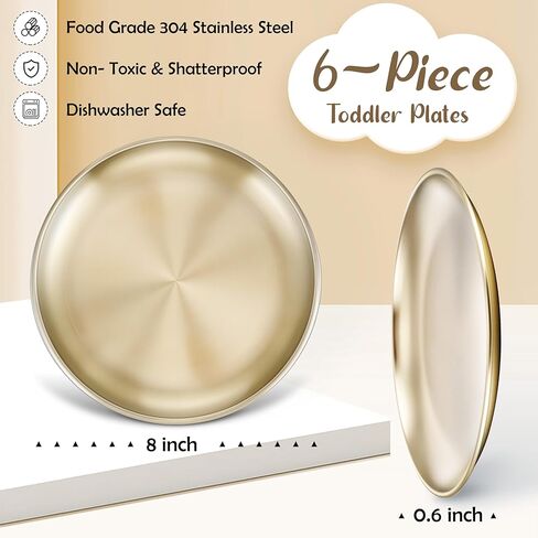 HaWare 6-Piece 18/8 Stainless Steel Plates, Metal 304 Dinner Dishes for Kids Toddlers Children, 8 Inch Feeding Serving Camping Plates, Reusable and Dishwasher Safe in Kuwait