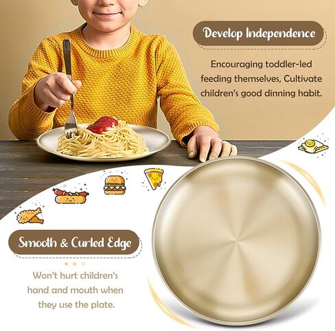 HaWare 6-Piece 18/8 Stainless Steel Plates, Metal 304 Dinner Dishes for Kids Toddlers Children, 8 Inch Feeding Serving Camping Plates, Reusable and Dishwasher Safe in Kuwait