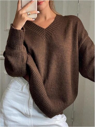 Women's Oversized Fall Sweaters Long Sleeve V Neck Loose Knit Pullover Tops Airport Travel Outfit in Saudi Arabia