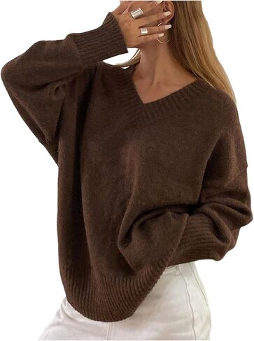 Women's Oversized Fall Sweaters Long Sleeve V Neck Loose Knit Pullover Tops Airport Travel Outfit in Saudi Arabia
