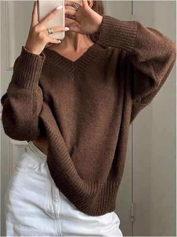 Women's Oversized Fall Sweaters Long Sleeve V Neck Loose Knit Pullover Tops Airport Travel Outfit in Saudi Arabia
