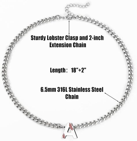 Baseball Necklaces for Boys Stainless Steel Initial Necklace with Letter A-Z 6.5mm Cuban Chain Adjustable Gifts for Men Boys 16+2 Inches in Saudi Arabia
