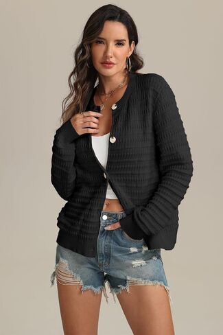 ATHMILE Womens Cardigan Sweaters Casual Long Sleeve Button Down Crewneck Casual Knit Cropped Fall Winter Jackets Clothes in Saudi Arabia