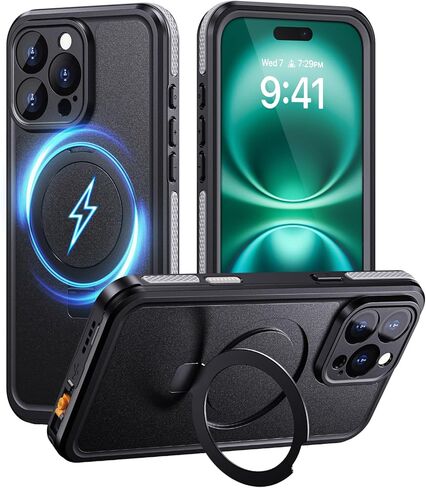 Lanhiem for iPhone 14 Case with Kickstand, IP68 Waterproof Dustproof Built-in Screen Protector, Full Body Shockproof Protective Front and Back Cover for iPhone 14, 6.1 Inch (Black) in Saudi Arabia