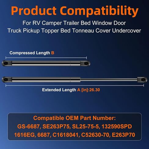 الكمية (2) SPD-GS-6687 26 بوصة 75 رطل/334N صدمة تبختر الغاز للشاحنة العلوية غطاء تونيو الأجزاء السفلية، GSNI-6687 SL25-75 دعم الرفع الزنبركي لباب نافذة سرير مقطورة التخييم RV. in Saudi Arabia