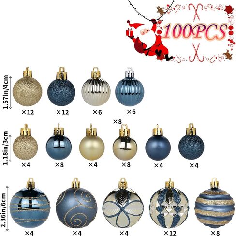 100Pcs Christmas Balls Ornaments Set, Shatterproof Christmas Decorations with Hand-held Gift Package for Xmas Tree/Holiday/Wedding/Holiday/Party Decor (Blue & Gold) in Kuwait