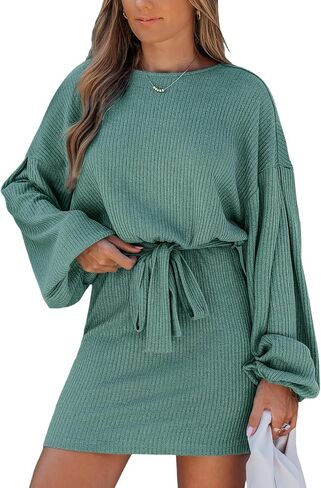 CUPSHE Women's Knit Mini Dresses Lantern Long Sleeve Casual Belted Back Tie Vacation Cocktail Dress in Saudi Arabia