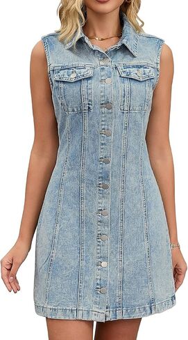 Women Denim Dress Sleeveless Collared Western Button Down Short Jean Dresses in Saudi Arabia