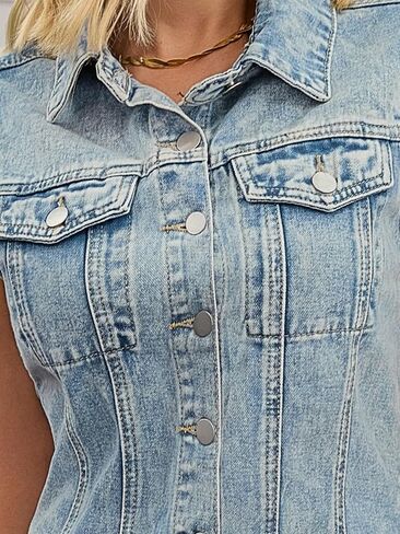 Women Denim Dress Sleeveless Collared Western Button Down Short Jean Dresses in Saudi Arabia