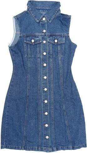 Women Denim Dress Sleeveless Collared Western Button Down Short Jean Dresses in Saudi Arabia