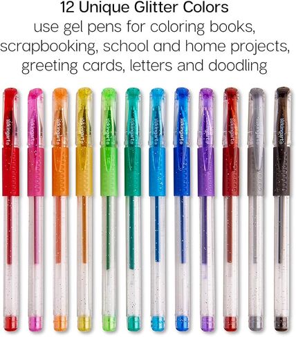 KingArt 400-12 Glitter Rollerball Gel Pens, 12 Sparkling Colors with Soft-Grip Comfort, XL Ink Cartridge - More Ink, Great for All Ages, Writing, Coloring, Doodling, Scrapbooking, Journaling & More in Kuwait