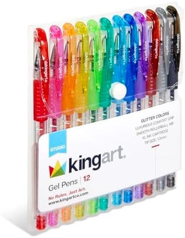 KingArt 400-12 Glitter Rollerball Gel Pens, 12 Sparkling Colors with Soft-Grip Comfort, XL Ink Cartridge - More Ink, Great for All Ages, Writing, Coloring, Doodling, Scrapbooking, Journaling & More in Kuwait