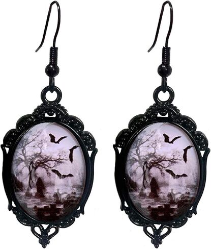 Gothic Bat Cameo Earrings Vintage Witch Dangle Earrings Punk Dark Raven Earrings Halloween Jewelry Accessories for Women in Kuwait
