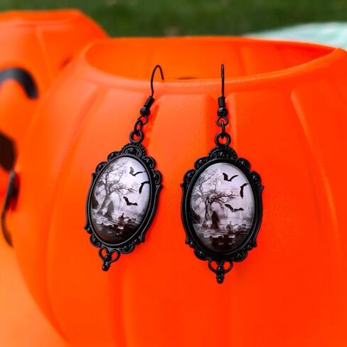 Gothic Bat Cameo Earrings Vintage Witch Dangle Earrings Punk Dark Raven Earrings Halloween Jewelry Accessories for Women in Kuwait