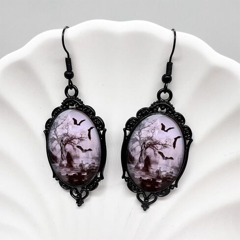 Gothic Bat Cameo Earrings Vintage Witch Dangle Earrings Punk Dark Raven Earrings Halloween Jewelry Accessories for Women in Kuwait