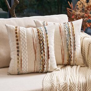 Aeckself Boho Throw Pillow Covers 18x18 Inch Set of 2, Farmhouse Decorative Striped Square Pillow Covers Chenille Tufted Pillow Cases Accent Neutral Pillowcase for Living Room Couch Bed, Orange White in Saudi Arabia