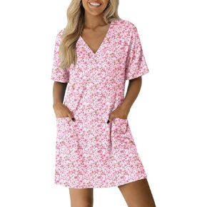 Ekouaer Nightgowns for Women Short Sleeve Sleep Shirt V Neck Night Gown With Pockets Soft Pajamas Dress Casual Sleepwear in Saudi Arabia