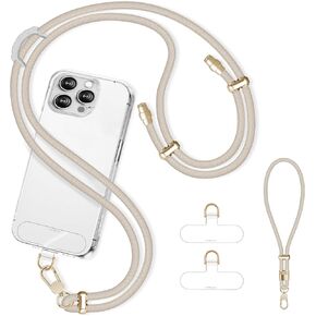 حبل هاتف محمول قابل للتعديل حول الجسم *1 حزام معصم للهاتف *1 مع إبزيم ذهبي فاخر + عروات ربط شفافة *2 للتسوق والسفر والمشي لمسافات طويلة (بيج) in Kuwait