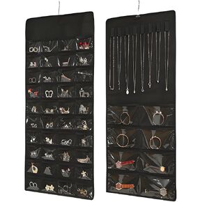48 Pocket Hanging Jewelry Organizer, Double-Sided Accessory Holder with Clear Storage Bags & Necklace Straps, Space-Saving Closet Hanger for Earrings, Rings, Bracelets, Small Accessories in Saudi Arabia