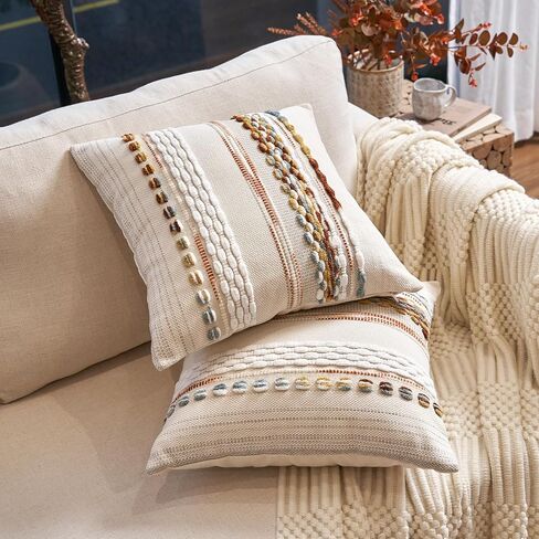 Aeckself Boho Throw Pillow Covers 18x18 Inch Set of 2, Farmhouse Decorative Striped Square Pillow Covers Chenille Tufted Pillow Cases Accent Neutral Pillowcase for Living Room Couch Bed, Orange White in Saudi Arabia