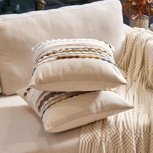 Aeckself Boho Throw Pillow Covers 18x18 Inch Set of 2, Farmhouse Decorative Striped Square Pillow Covers Chenille Tufted Pillow Cases Accent Neutral Pillowcase for Living Room Couch Bed, Orange White in Saudi Arabia