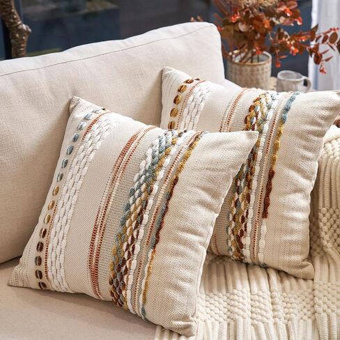 Aeckself Boho Throw Pillow Covers 18x18 Inch Set of 2, Farmhouse Decorative Striped Square Pillow Covers Chenille Tufted Pillow Cases Accent Neutral Pillowcase for Living Room Couch Bed, Orange White in Saudi Arabia