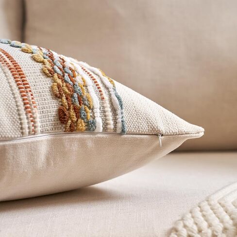 Aeckself Boho Throw Pillow Covers 18x18 Inch Set of 2, Farmhouse Decorative Striped Square Pillow Covers Chenille Tufted Pillow Cases Accent Neutral Pillowcase for Living Room Couch Bed, Orange White in Saudi Arabia